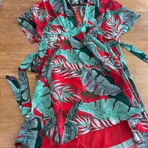 Tropical Wrap Dress in Red with Green Leaf Print